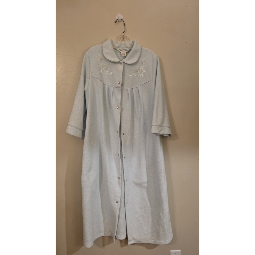 Vintage Vanity Fair Blue Snap Front Robe Embroidered Fleece Housecoat Large USA